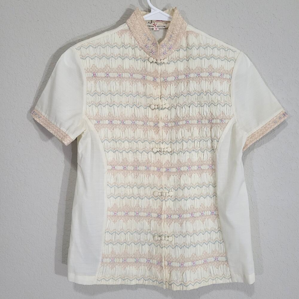 JOY Smocked Embroidered Blouse XS  S Cream Floral Frog Closure Short Sleeve